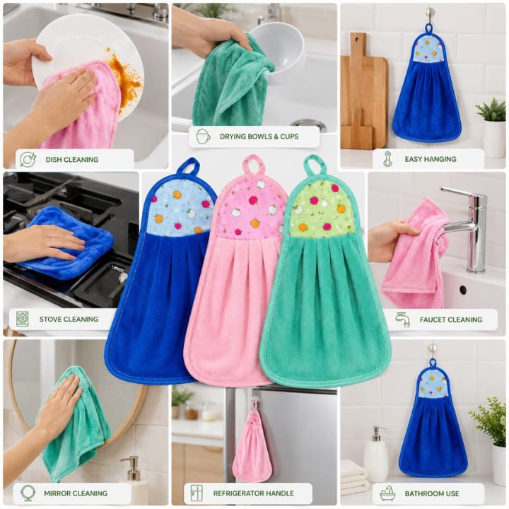 A collage showing multiple kitchen towel handles in blue, pink, and mint green being used in bathroom and kitchen tasks such as dish cleaning, drying bowls and cups, stove cleaning, faucet cleaning, mirror cleaning, refrigerator handling, and bathroom use. The towels have colorful polka-dot panels at the top and are demonstrated by hands in real kitchen environments.