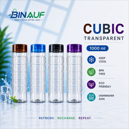 Four transparent plastic water bottles with ribbed bodies and colored screw caps in brown, blue, black, and purple, displayed on a light blue background with product features and the BINAUF brand logo.