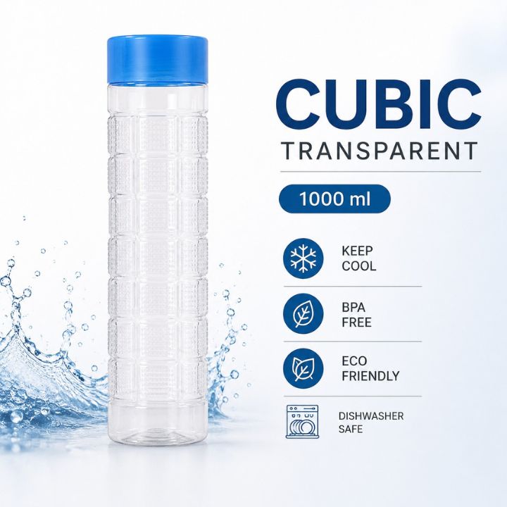 A clear plastic water bottle with a blue cap, shown next to text highlighting features: 'CUBIC TRANSPARENT', '1000 ml', 'KEEP COOL', 'BPA FREE', 'ECO FRIENDLY', and 'DISHWASHER SAFE'.