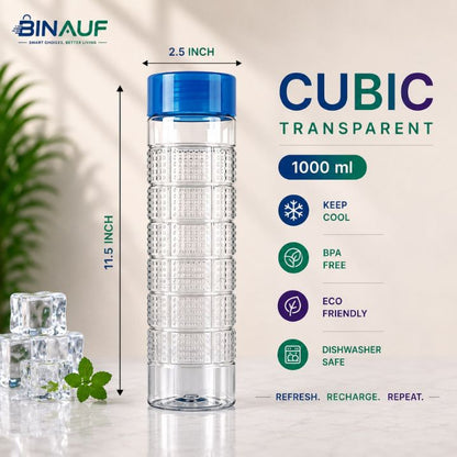 A Binauf Cubic Transparent 1000 ml water bottle with a blue cap, shown with dimension lines indicating 11.5 inch height and 2.