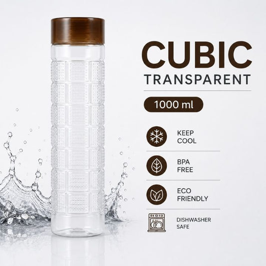 A clear cubic-shaped water bottle with a textured grip and a dark brown wooden cap, shown next to text highlighting features like 'CUBIC TRANSPARENT', '1000 ml', 'KEEP COOL', 'BPA FREE', 'ECO FRIENDLY', and 'DISHWASHER SAFE'.
