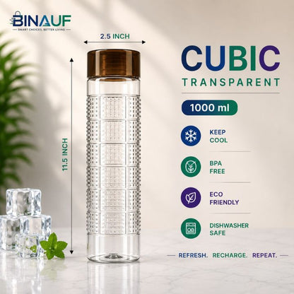 A Binauf Cubic Transparent 1000 ml water bottle with a textured clear body, a dark brown cap, and dimension markings showing 2.5 inch width and 11.