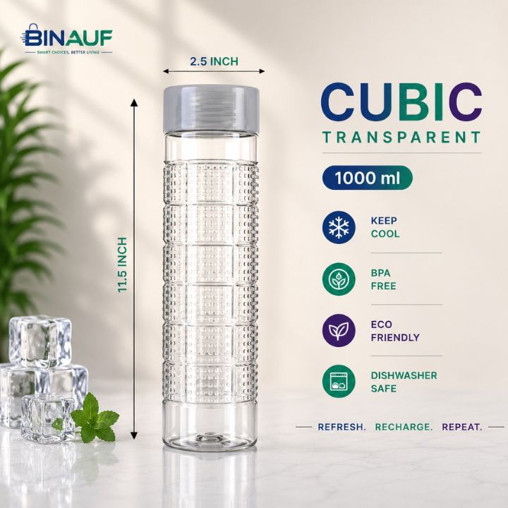 A Binauf Cubic Transparent 1000 ml water bottle with a clear body, textured middle section, and gray screw-on cap, shown on a light beige background with dimension lines indicating 11.5 inch height and 2.