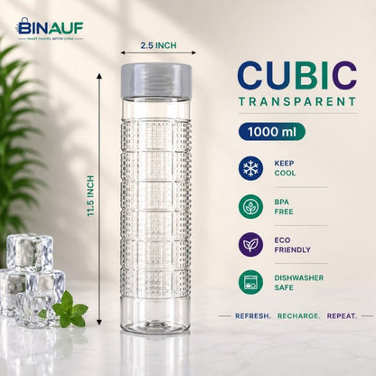 A Binauf Cubic Transparent 1000 ml water bottle with a clear body, textured middle section, and gray screw-on cap, shown on a light beige background with dimension lines indicating 11.5 inch height and 2.