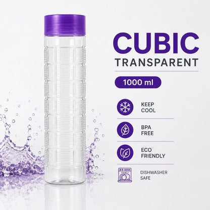 A clear plastic cube-shaped water bottle with a purple cap, shown next to text highlighting features like 'CUBIC TRANSPARENT', '1000 ml', and benefits such as 'KEEP COOL', 'BPA FREE', 'ECO FRIENDLY', and 'DISHWASHER SAFE'.