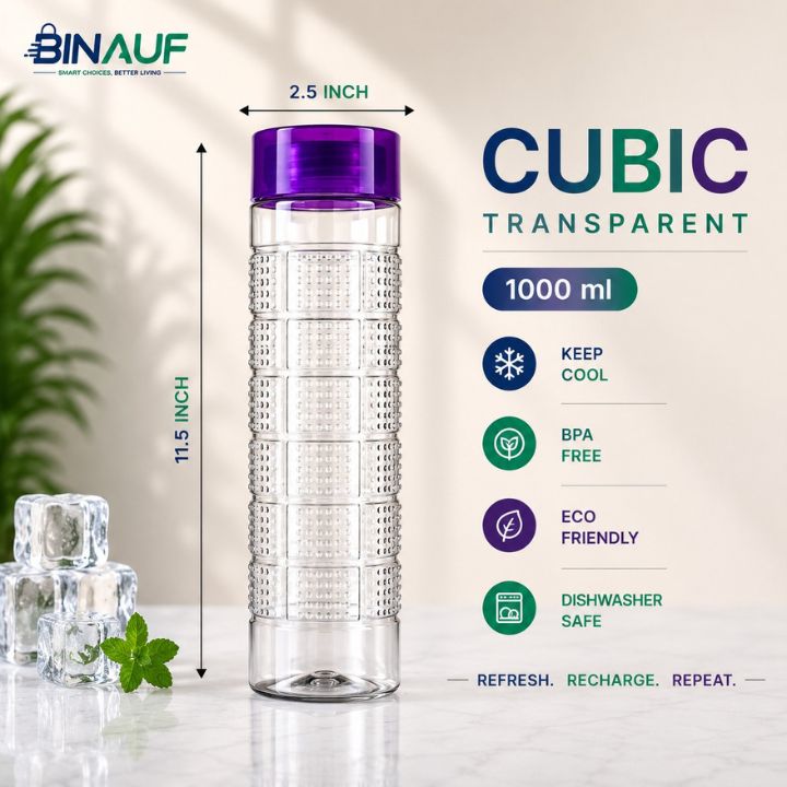 Cubic Transparent Water Bottle 1000 ML | Stylish Durable Plastic Bottle | Refrigerator Friendly Household & Kitchen Bottle | Made in Pakistan