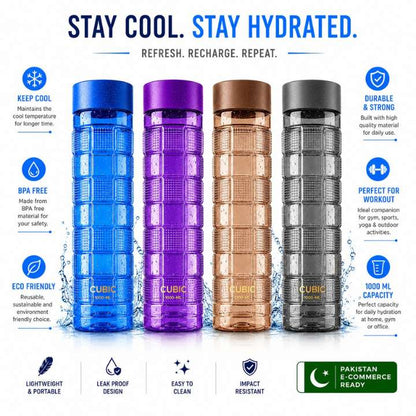 Four Cubic colorful water bottles with features listed on a white background