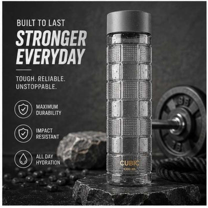 Cubic water bottle with text 'Built to last, Stronger Everyday' and gym equipment in the background.