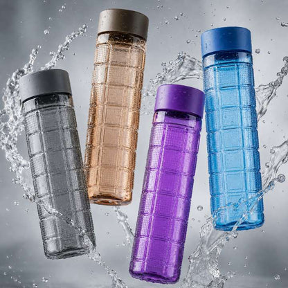 Four grid-patterned water bottles in gray, brown, purple, and blue with water splashes on a gray background | Made In Pakistan