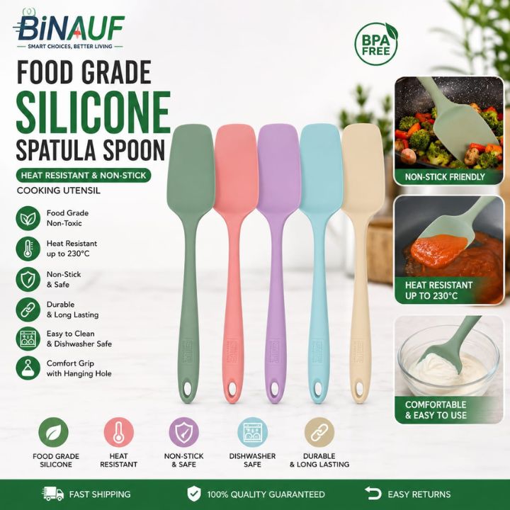 Six Binauf silicone spatula spoons in assorted pastel and natural colors are displayed on a white background with product features, benefits, and usage images. The spatulas include shades of pink, purple, light blue, and beige.