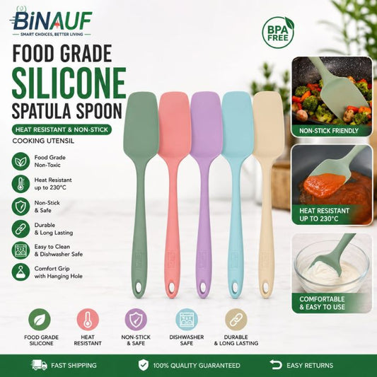 Six Binauf silicone spatula spoons in assorted pastel and natural colors are displayed on a white background with product features, benefits, and usage images. The spatulas include shades of pink, purple, light blue, and beige.