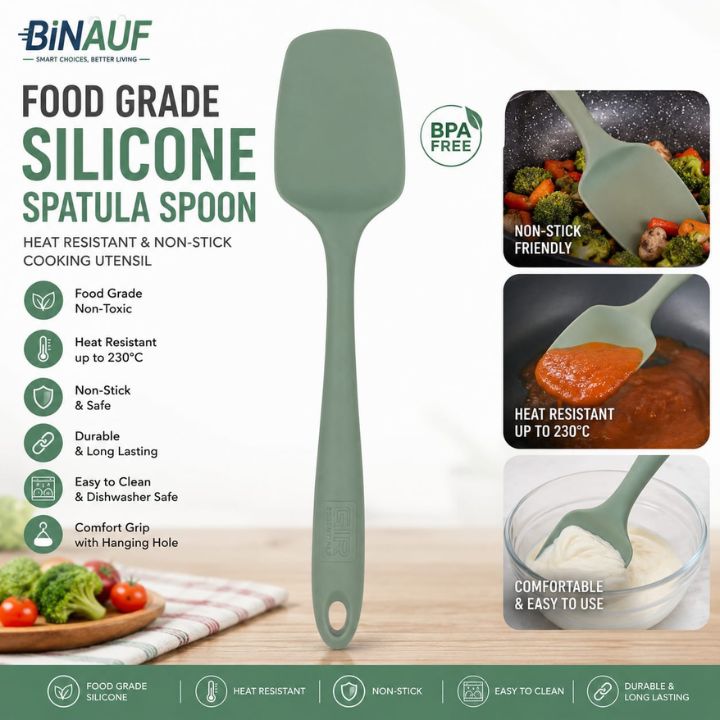 Binauf food grade silicone spatula spoon in sage green, shown on a light wood background with product features, BPA free badge, and three usage/demo inset images on the right.