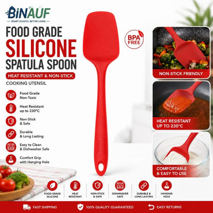 Red silicone spatula spoon shown on a white promotional background with product text, feature icons, and small cooking-use photos demonstrating non-stick performance.