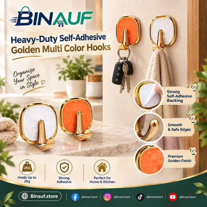Heavy-Duty Self-Adhesive Golden Multi-Color Hooks | Wall Hooks for Home & Kitchen