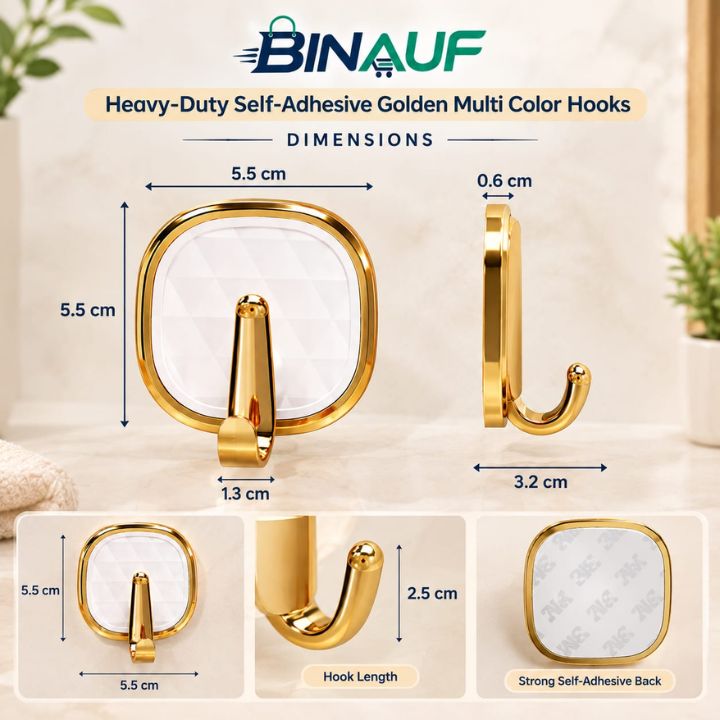 Heavy-Duty Self-Adhesive Golden Multi-Color Hooks | Wall Hooks for Home & Kitchen