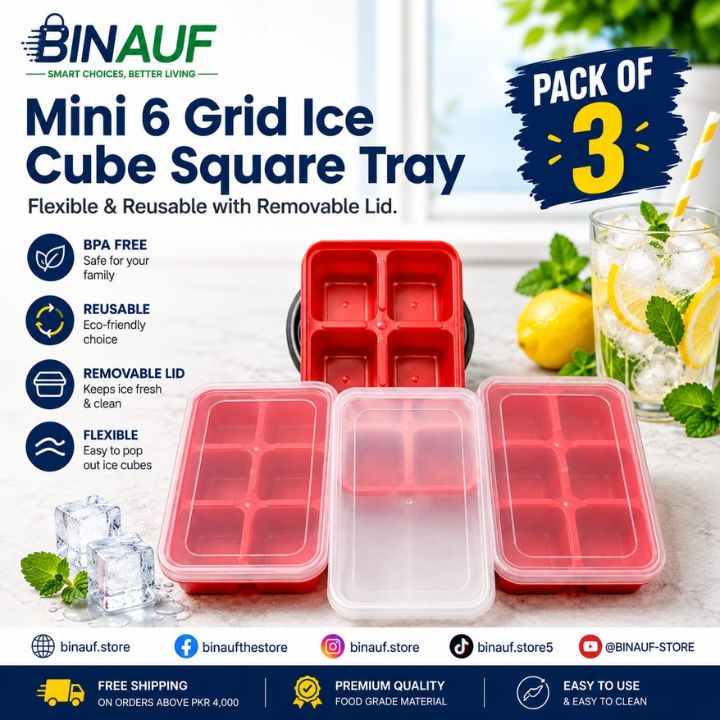 [Pack of 3] - Mini 6-Grid Ice Cube Tray | Flexible Silicone Mold with Removable Lid