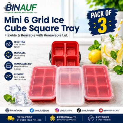 [Pack of 3] - Mini 6-Grid Ice Cube Tray | Flexible Silicone Mold with Removable Lid