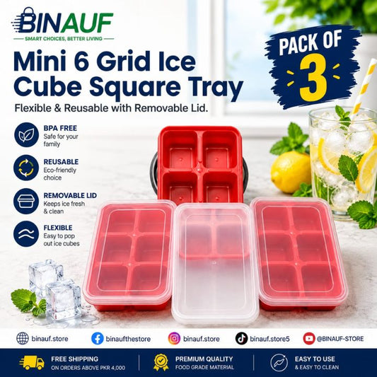 [Pack of 3] - Mini 6-Grid Ice Cube Tray | Flexible Silicone Mold with Removable Lid