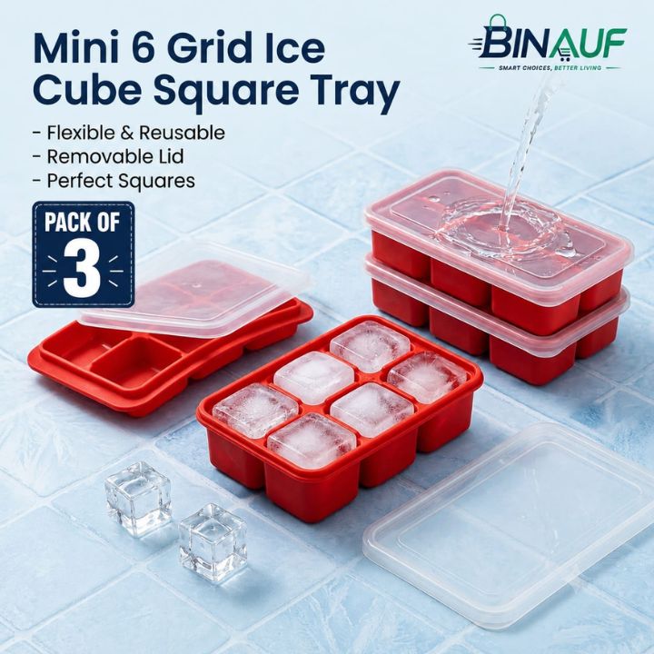 [Pack of 3] - Mini 6-Grid Ice Cube Tray | Flexible Silicone Mold with Removable Lid