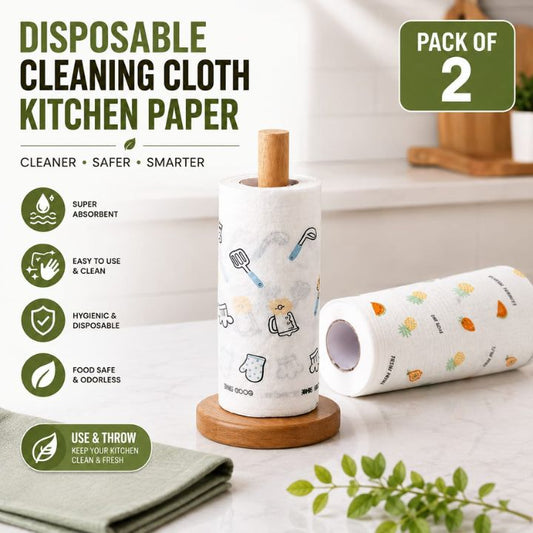 Two rolls of disposable kitchen paper on wooden holders, with one roll standing upright and the other lying on its side. The paper has a white base with small multicolor kitchen-themed illustrations.