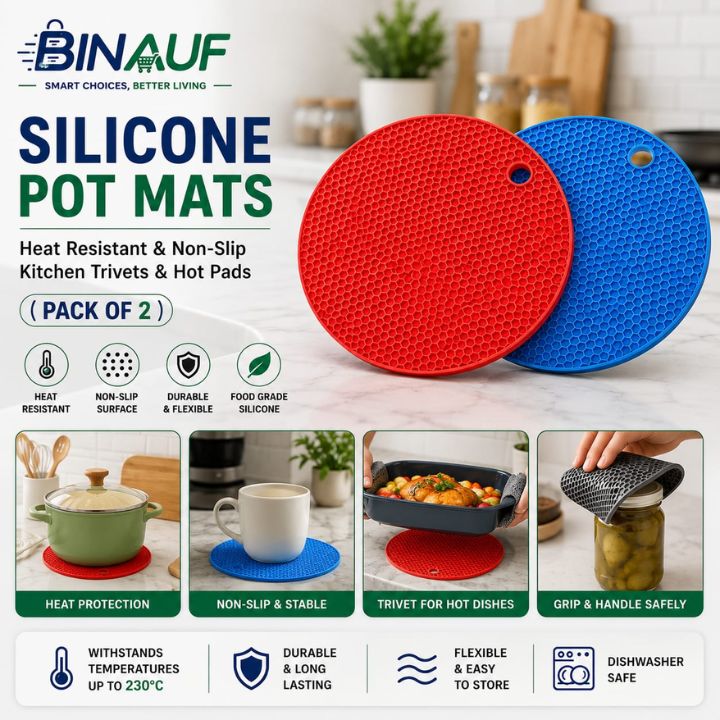 (Pack of 2) Food-Grade Silicone Pot Mats | Heat-Resistant Anti-Slip Kitchen Trivets & Hot Pads