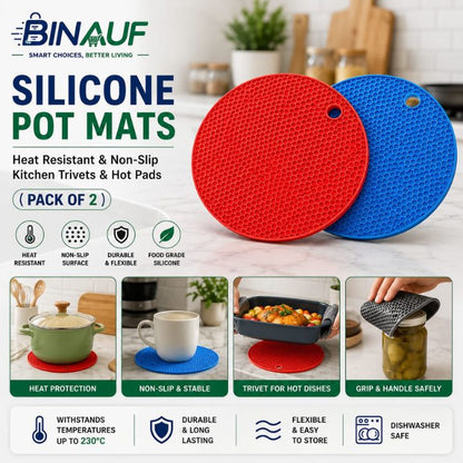 (Pack of 2) Food-Grade Silicone Pot Mats | Heat-Resistant Anti-Slip Kitchen Trivets & Hot Pads