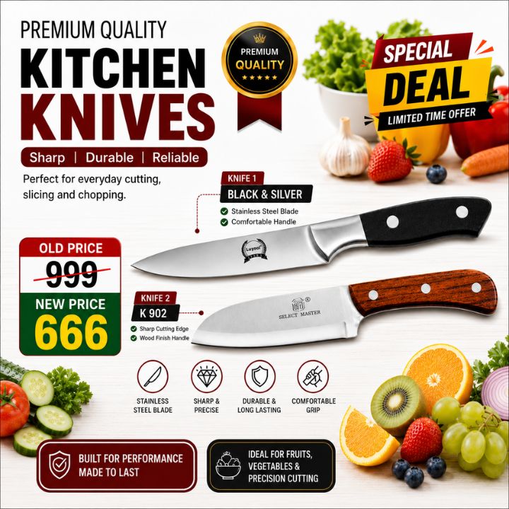 Promotional graphic for premium kitchen knives showing two knives on a white background with fruits, vegetables, and sale text. The knives are labeled Knife 1 as black and silver and Knife 2 as wood grain brown and silver.