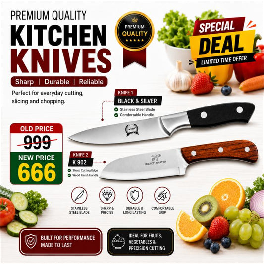 Promotional graphic for premium kitchen knives showing two knives on a white background with fruits, vegetables, and sale text. The knives are labeled Knife 1 as black and silver and Knife 2 as wood grain brown and silver.