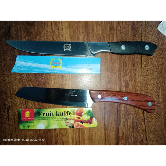 kitchen knife set, 2 piece knife set, stainless steel fruit knife, utility knife set, sharp chef knife, paring knife, K 902 knife, wood finish handle knife, vegetable slicer, rust resistant cutlery