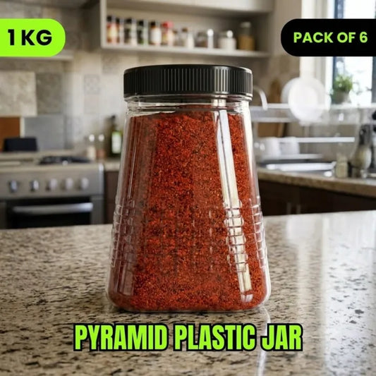 Pyramid Jar of red spice on a kitchen counter with text indicating weight and quantity.