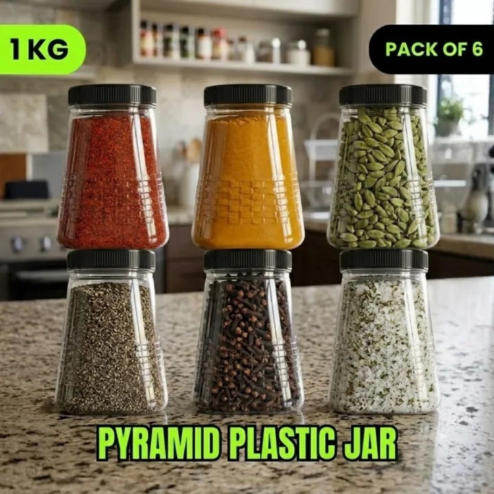 6 pyramid plastic jars with different spices on a kitchen counter with airtight lids.