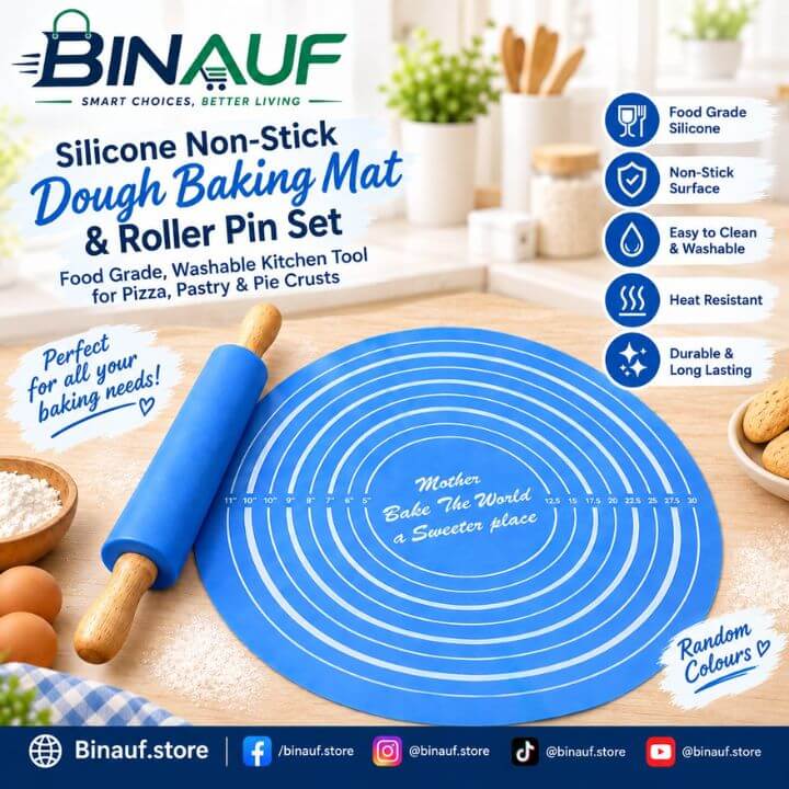 Silicone Non-Stick Dough Baking Mat & Rolling Pin Set | Food-Grade Kitchen Tool