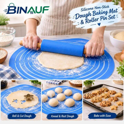 Silicone Non-Stick Dough Baking Mat & Rolling Pin Set | Food-Grade Kitchen Tool