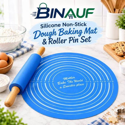 Silicone Non-Stick Dough Baking Mat & Rolling Pin Set | Food-Grade Kitchen Tool