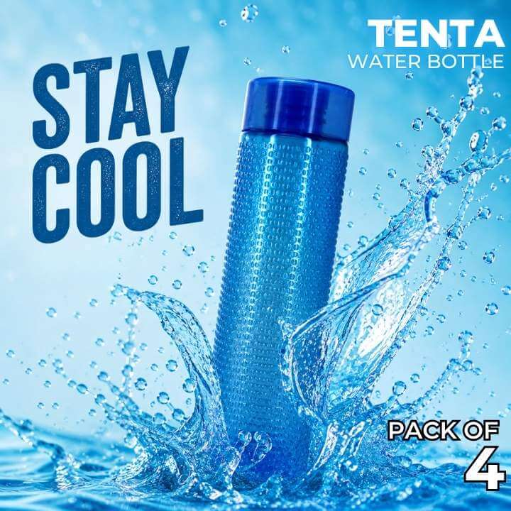 Blue water bottle with water splashes on a blue background, featuring the brand 'Tenta'.