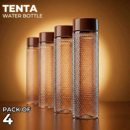 Pack of four Tenta Refrigerator water bottles with brown caps on a warm-toned background