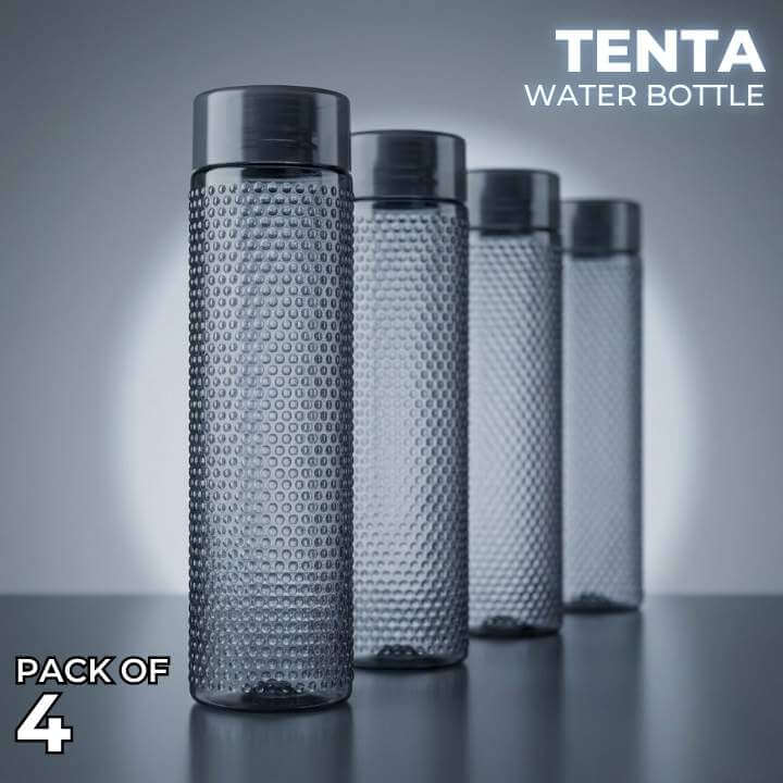 Pack of four Tenta water bottles with textured design on a gray background
