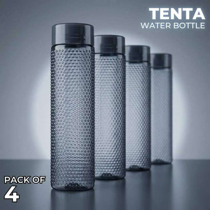 Pack of four Tenta water bottles with textured design on a gray background