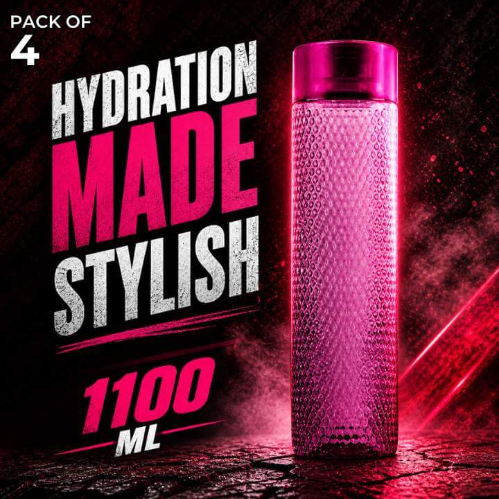 Pink Tenta water bottle with textured design on a dark background, featuring text about hydration and style.