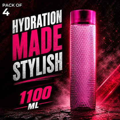 Pink Tenta water bottle with textured design on a dark background, featuring text about hydration and style.
