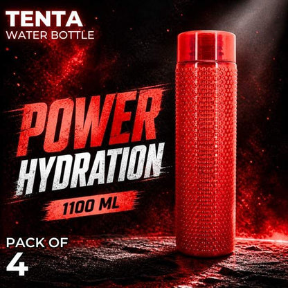 Red water bottle with 'Tenta' branding on a dark background with 'Power Hydration' text.