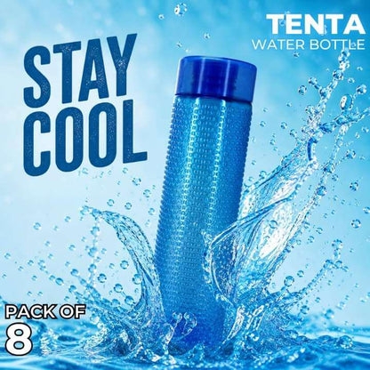 Blue water bottle with water splashes on a blue background, featuring the brand 'Tenta'.