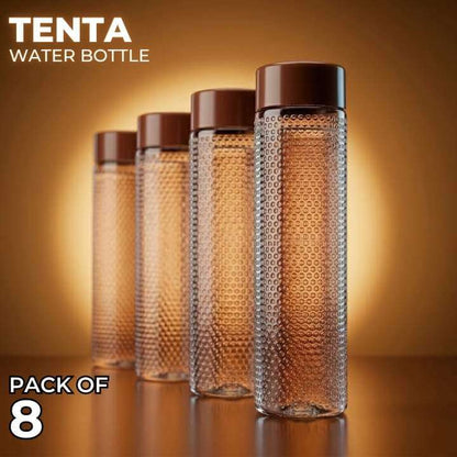 Pack of 8 Tenta water bottles with brown caps on a reflective surface.