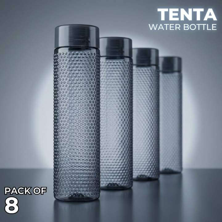 Pack of 8 Tenta water bottles with textured design on a gray background
