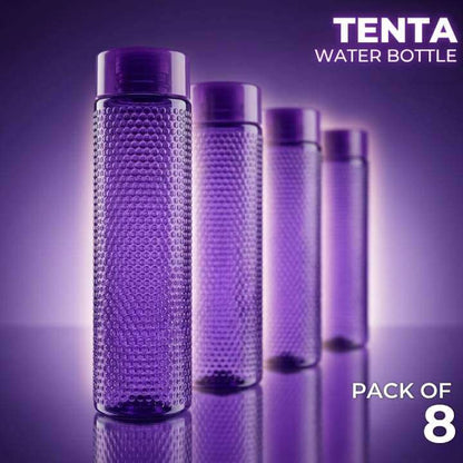 Purple water bottles with textured design on a purple background, featuring the brand 'Tenta'.