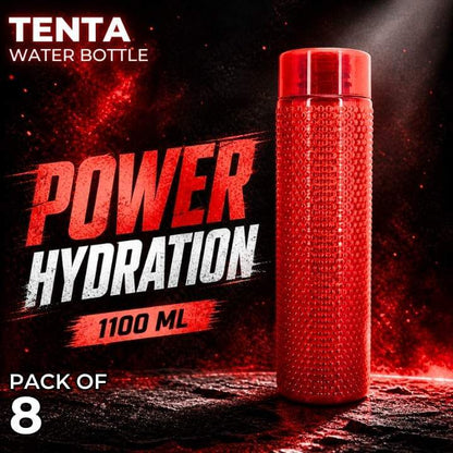 Red water bottle with 'Tenta' branding and 'Power Hydration' text on a dark background