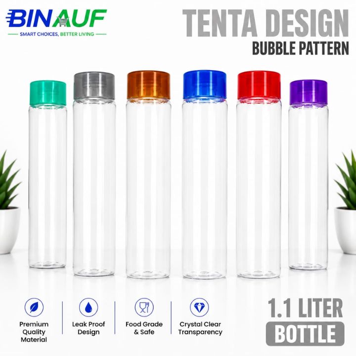 Six clear cylindrical bubble-pattern bottles with different colored caps (green, silver, orange, blue, red, purple) displayed on a white background with product features and branding.