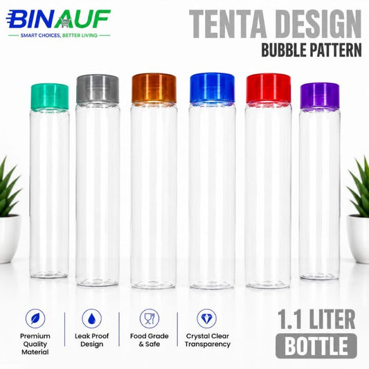 Six clear cylindrical bubble-pattern bottles with different colored caps (green, silver, orange, blue, red, purple) displayed on a white background with product features and branding.