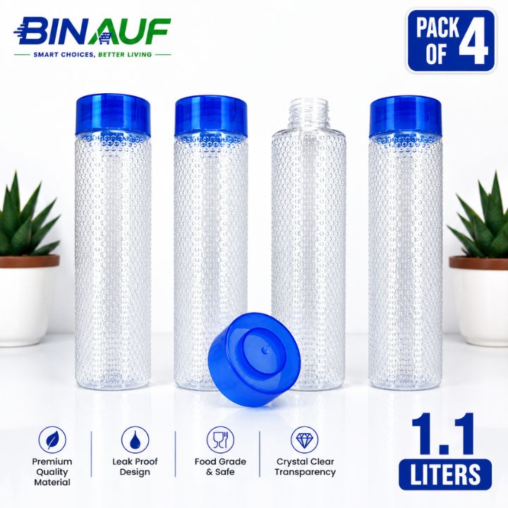 Four clear plastic water bottles with textured bodies and blue screw-on caps, shown on a white background with a loose blue cap in front. The image includes the BINAUF brand logo, a 'Pack of 4' badge, a '1.