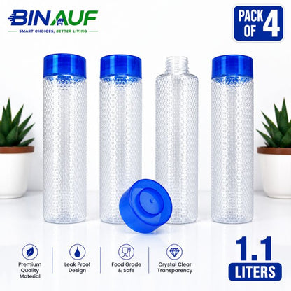 Four clear plastic water bottles with textured bodies and blue screw-on caps, shown on a white background with a loose blue cap in front. The image includes the BINAUF brand logo, a 'Pack of 4' badge, a '1.